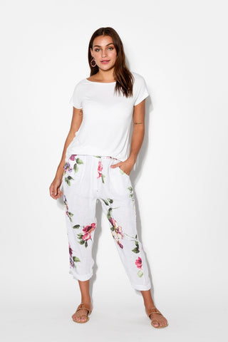 WHITE FLORAL LINEN PANTS